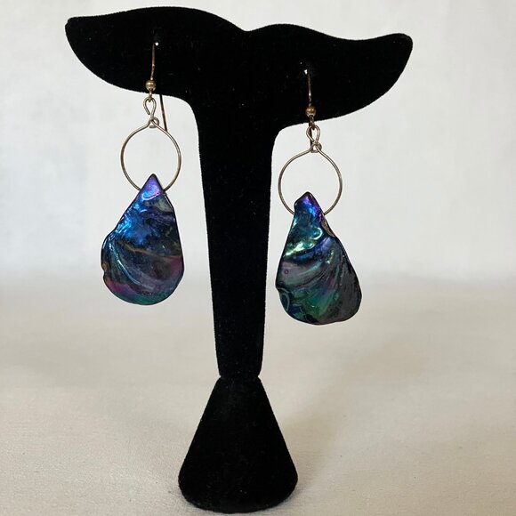 Iridescent Hoop Earrings Blue Green Purple Shell Hand Crafted Dangle Pierced New - Picture 3 of 7